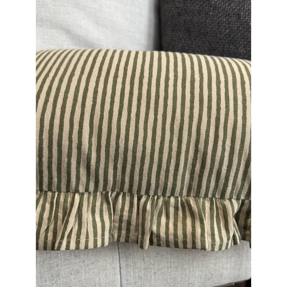 New Cottage Farmhouse Vintage Olive Green Stripe Ruffle Lumbar Accent Pillow - Picture 6 of 13